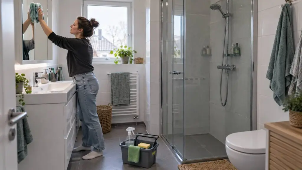 Badkamer schoonmaken in een praktische volgorde van hoge oppervlakken naar de vloer