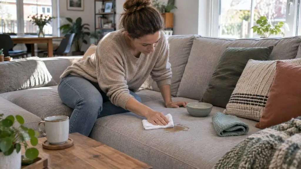 Bank schoonmaken door een vlek voorzichtig uit een stoffen bekleding te deppen