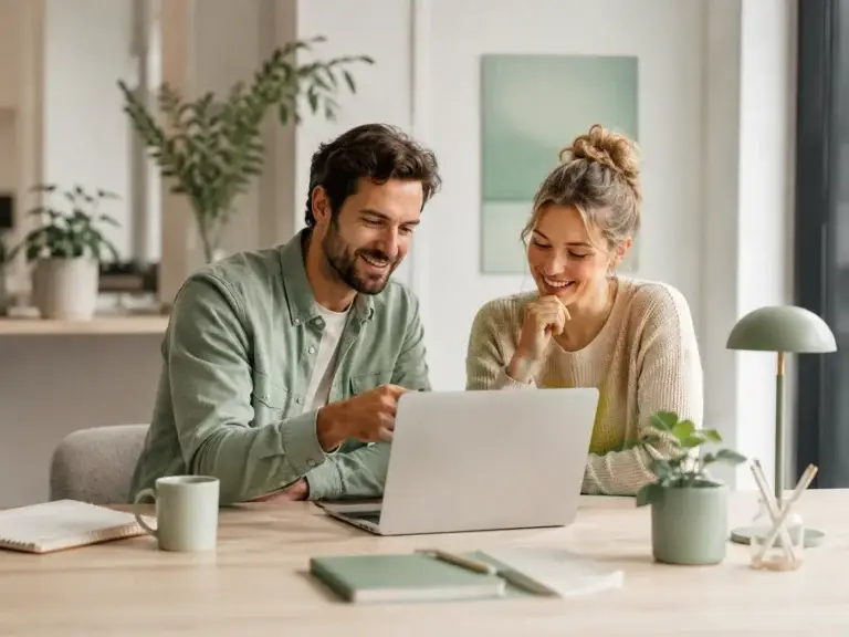 Twee professionals bekijken samen informatie op een laptop in een lichte werkruimte met groene Scrobby-accenten.