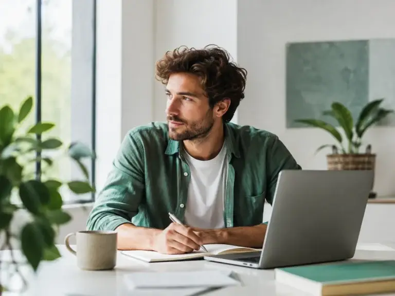 Ondernemer werkt met laptop en notitieboek in een rustige werkruimte van Scrobby.