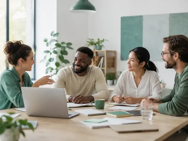 Professionals bespreken ideeën tijdens een inspirerende samenwerking in een moderne werkomgeving.