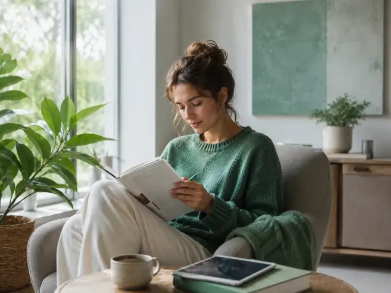 Vrouw leest en maakt notities in een rustige omgeving met groene accenten.