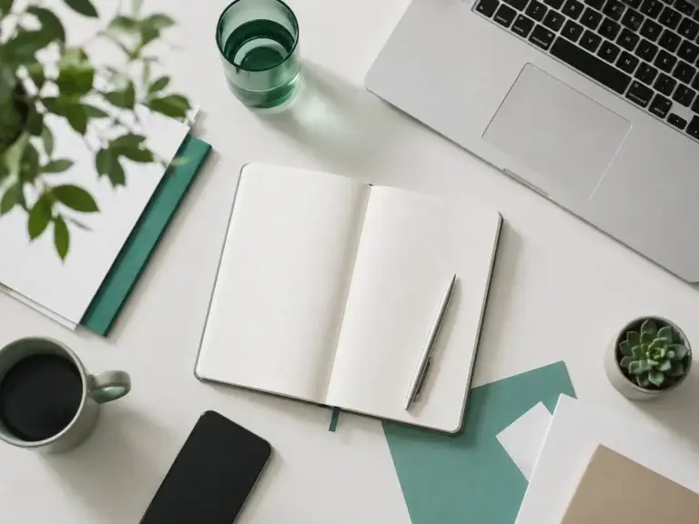 Overzichtelijke werkplek met laptop, notitieboek, smartphone en groene accessoires.