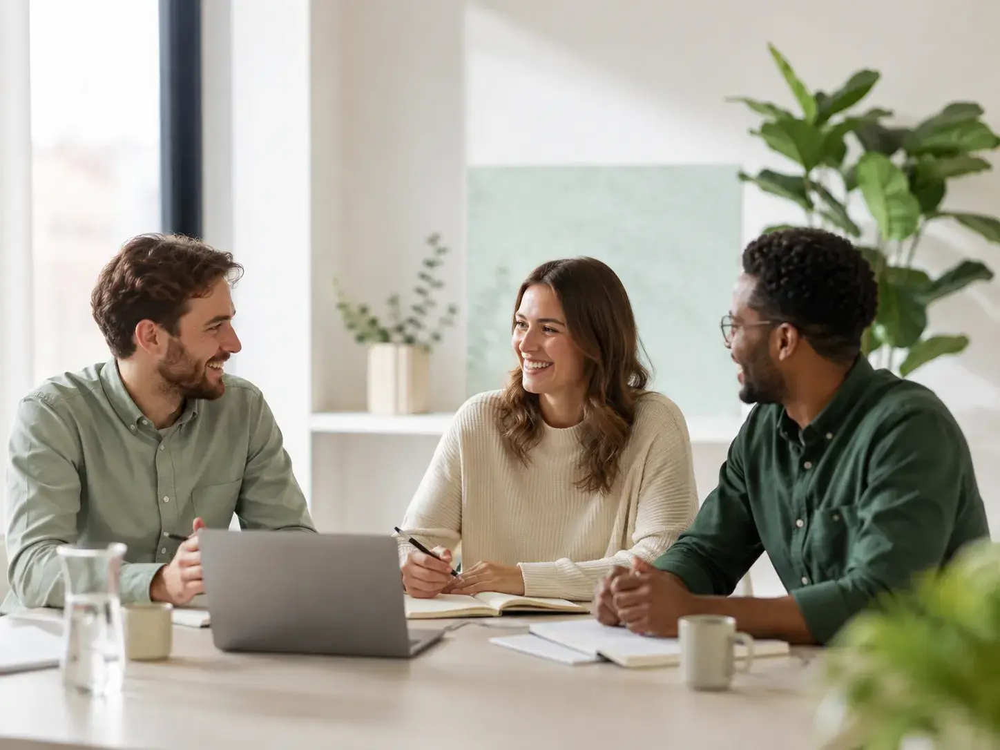 Drie professionals bespreken ideeën en delen kennis tijdens een samenwerking in een moderne groene werkomgeving.