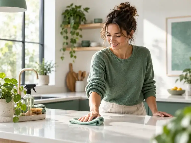 Persoon maakt een moderne keuken schoon met doek en praktische schoonmaakmiddelen in frisse groentinten.