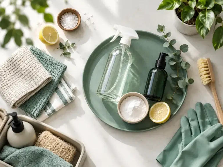 Schoonmaakdoeken, sprayflessen, handschoenen, borstel en natuurlijke schoonmaakmiddelen overzichtelijk gerangschikt.