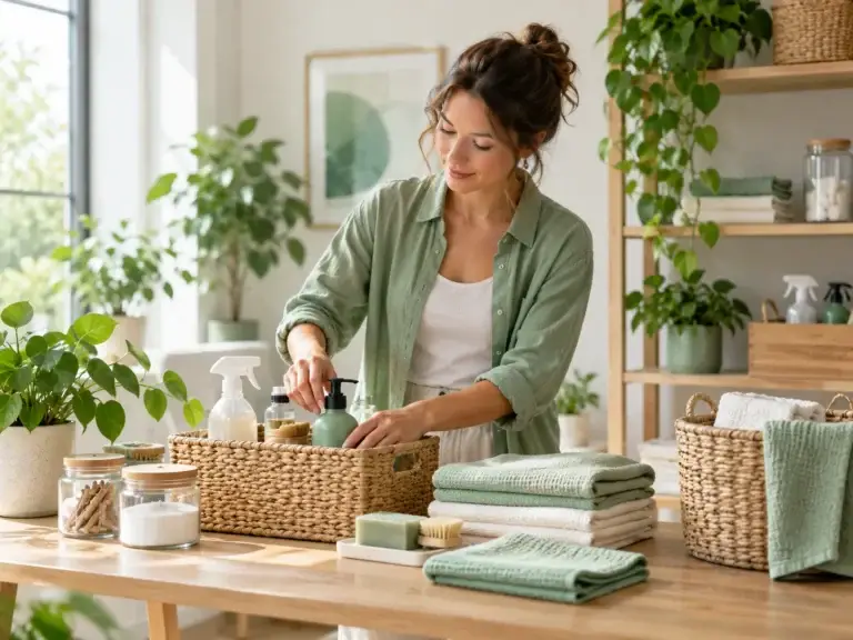 Vrouw organiseert schoonmaakproducten, gevouwen doeken en opbergmanden in een frisse, nette ruimte met planten en natuurlijke materialen.