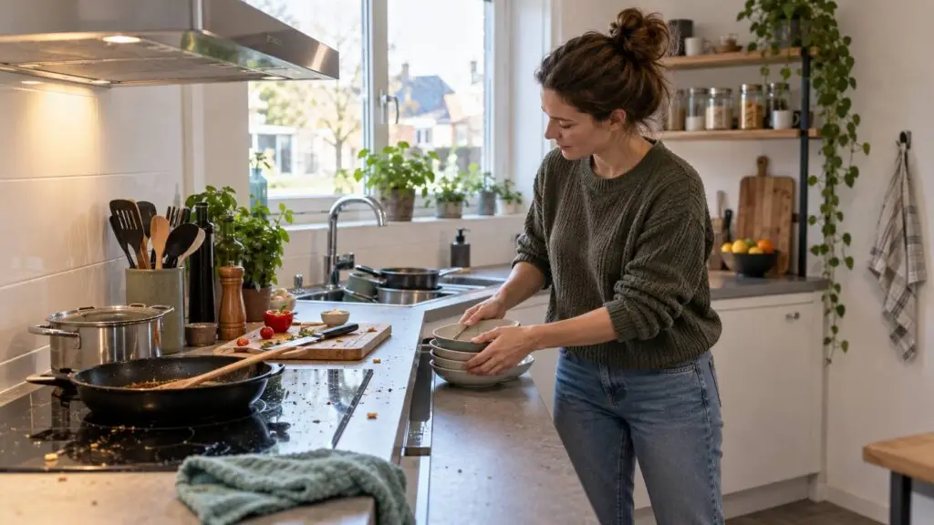 Keuken schoonmaken door kruimels, vet en vuil na het koken systematisch te verwijderen
