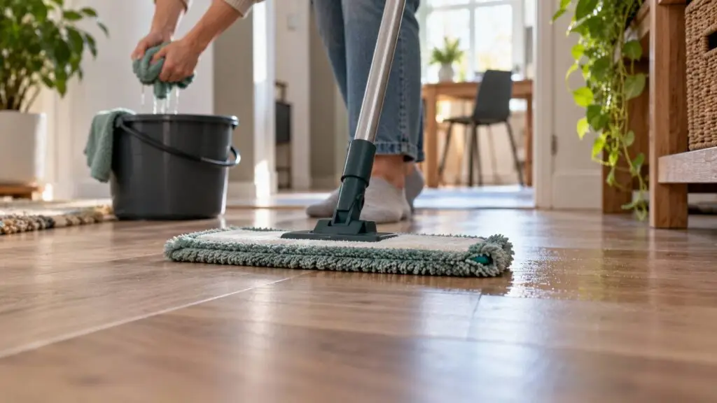 Vloer schoonmaken met een licht vochtige microvezelmop om te veel water op laminaat te voorkomen