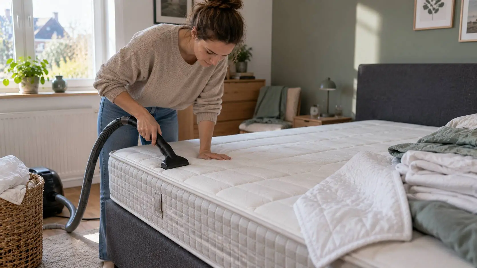 Matras schoonmaken door stof, haren en vuil uit het oppervlak en de naden te stofzuigen