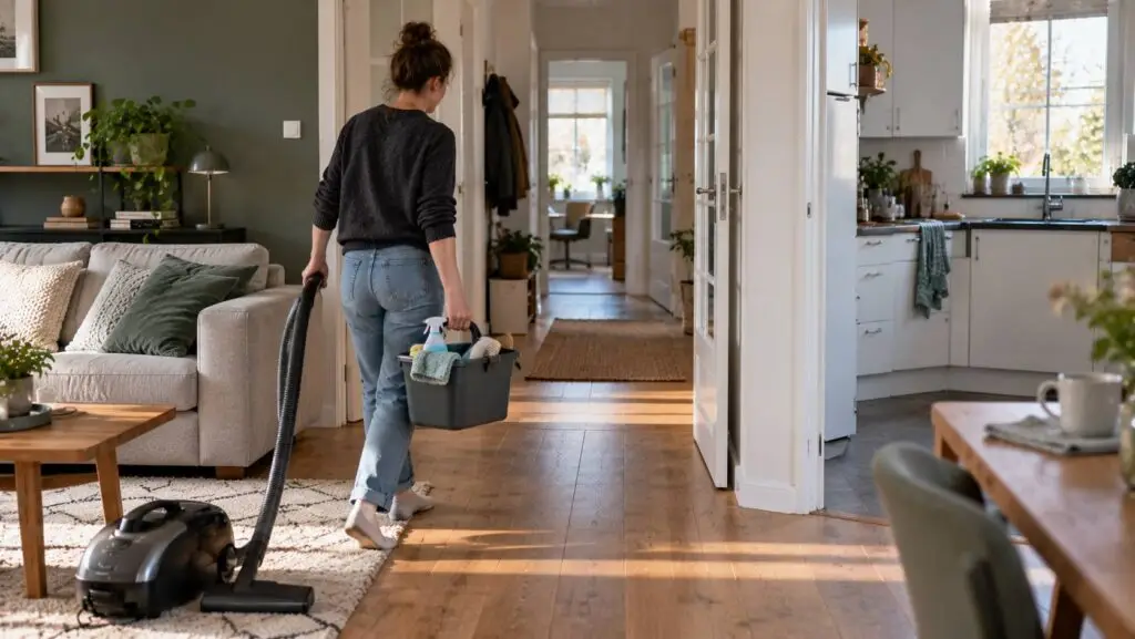 Schoonmaken in huis met een praktische aanpak waarbij verschillende ruimtes stap voor stap worden gereinigd