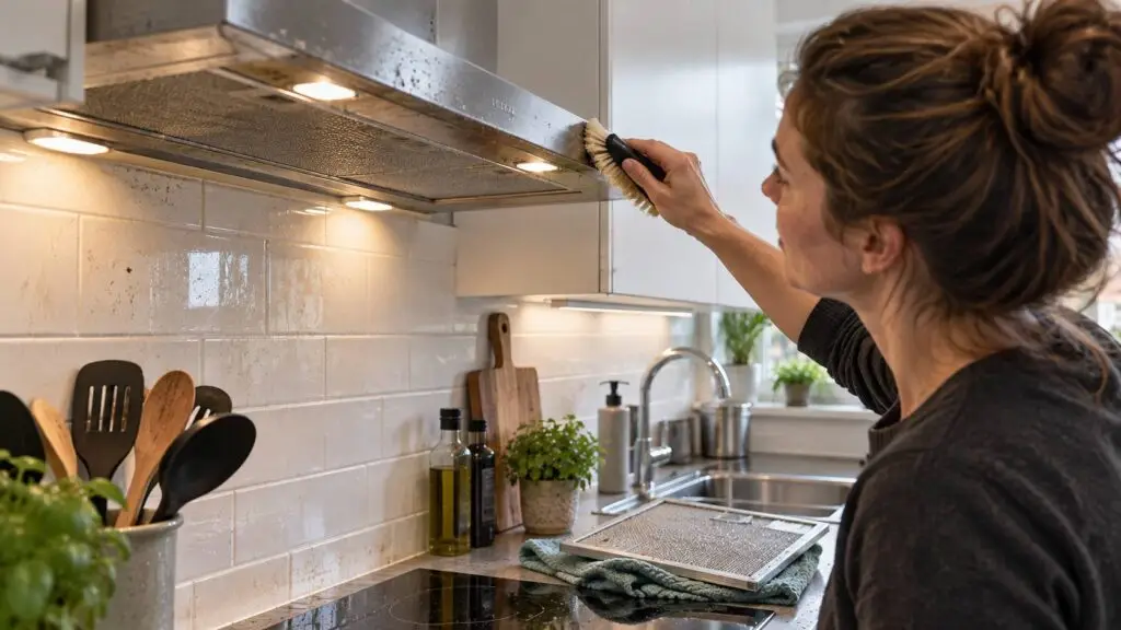 Keuken schoonmaken door vet rond de afzuigkap, spatwand en kookzone te verwijderen