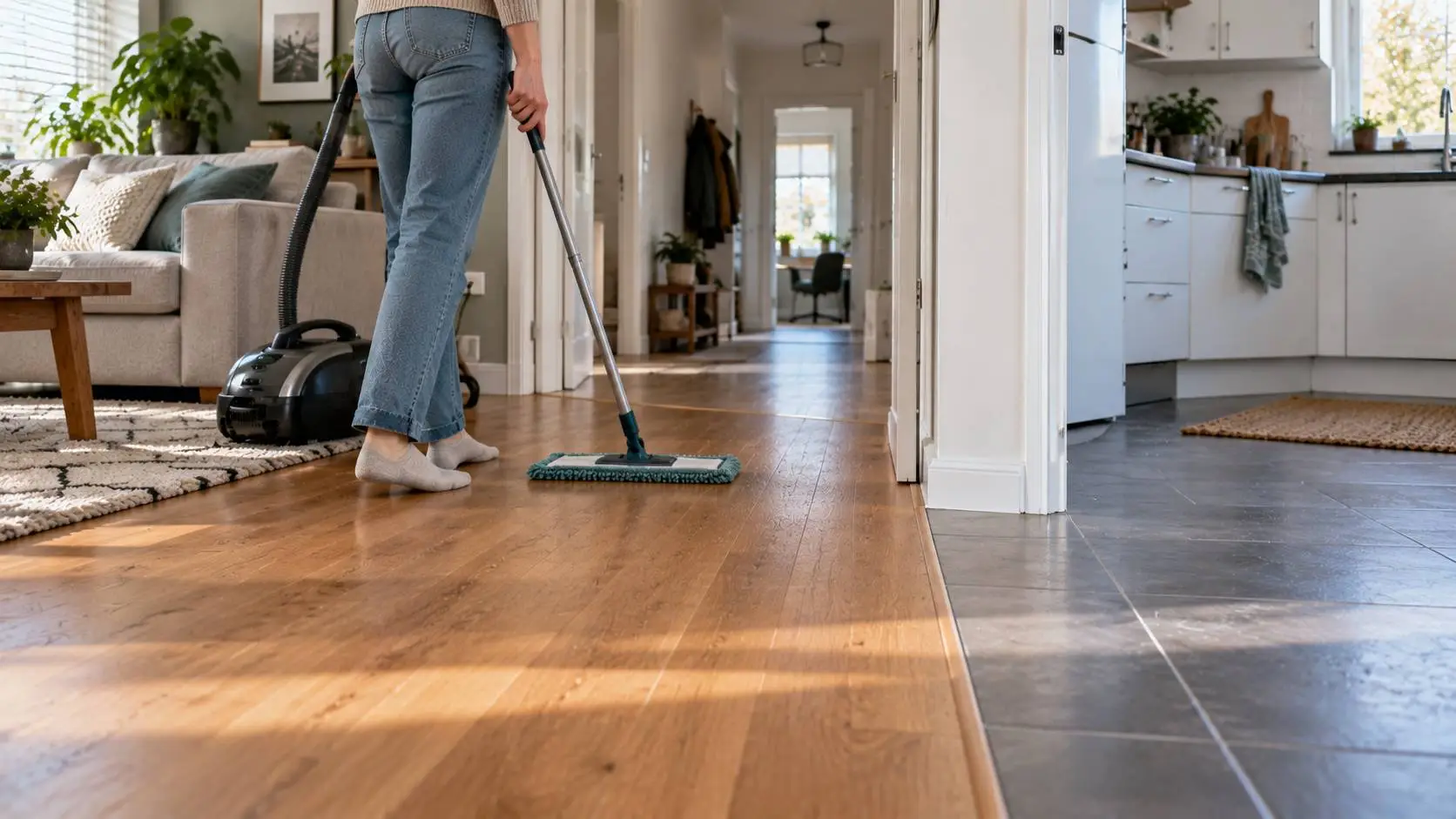Vloer schoonmaken met een aanpak die past bij hout, laminaat, pvc en tegels